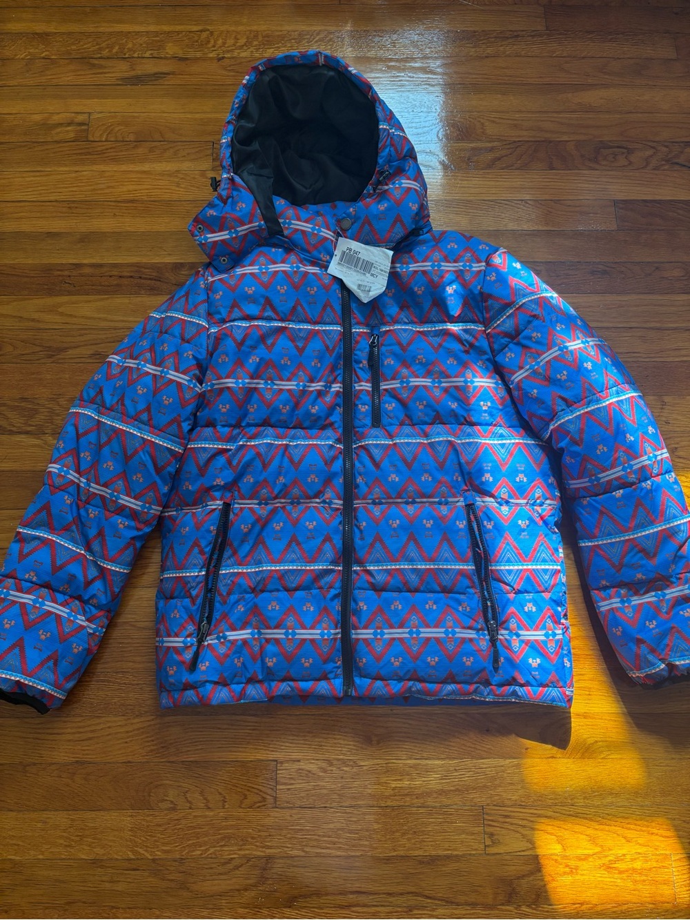 Club Room mens Blue Geometric Pattern Puffer Jacket with Hood